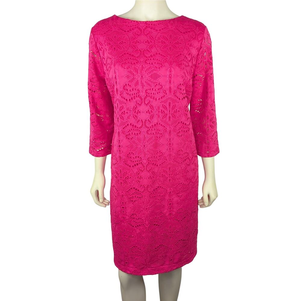 Chico’s Lace Overlay Sheath Dress Size 1 (M/8) Pink Elegant Romantic Feminine
